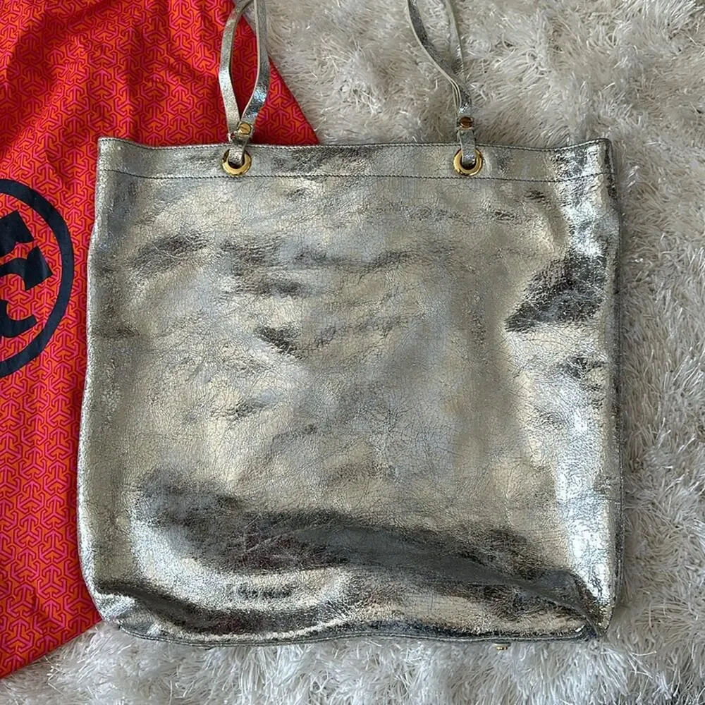 Tory Burch Metallic Silver logo T  tote Shoulder Bag.